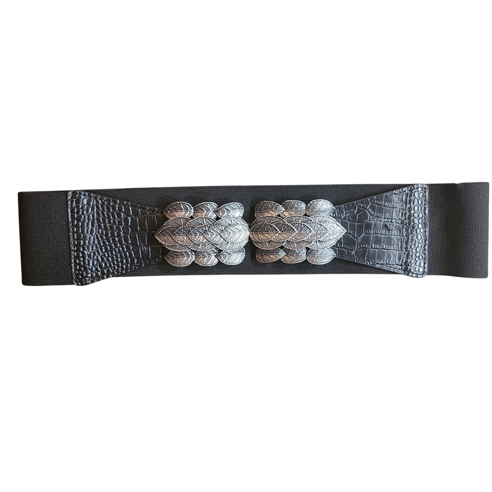 BCBGMAXAZRIA Black Elastic Belt‎ Silver Leaf Buckle Croc Embossed Medium